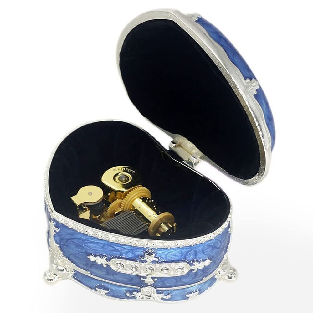 9450 Blue Heart Emboss Alloy Metal Music Box Wind Up Antique Jewelry